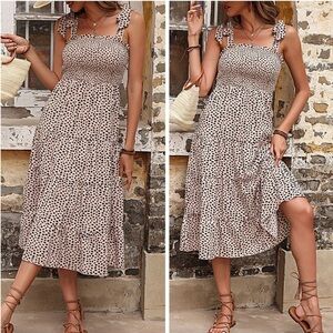 Wild Ambition Midi Tie Shoulder Smocked Dress